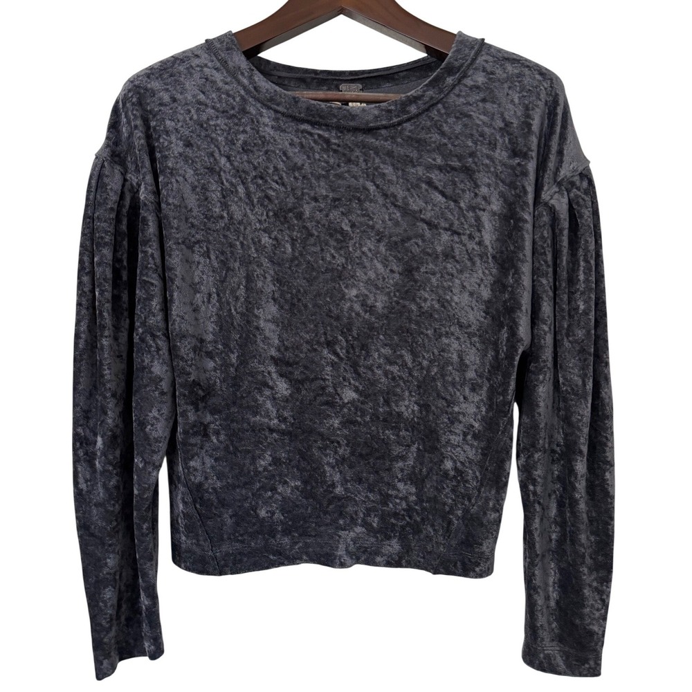 Free People‎ WE THE FREE Crushed Velvet Puff Sleeve Sweater Top XS Dark Gray